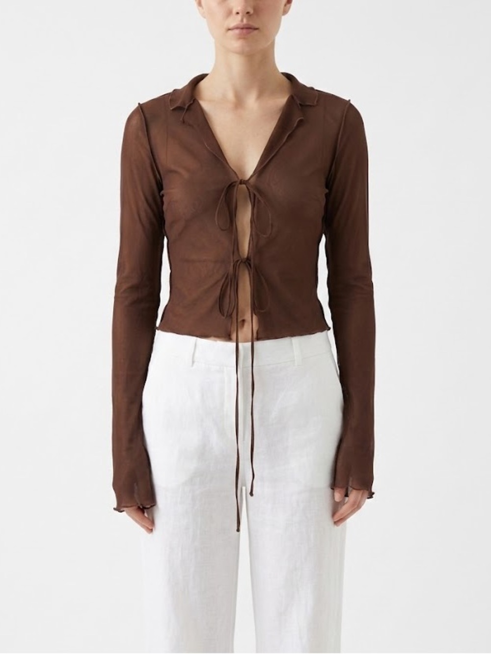 H&M Brown Sheer Y2K Tie-Front Flowy Bell Sleeve Blouse with Collar - Size Small